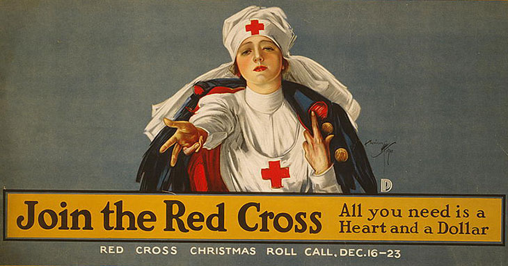 Vintage advertisement with portrait of nurse and text "Join the Red Cross: All you need is a Heart and a Dollar"