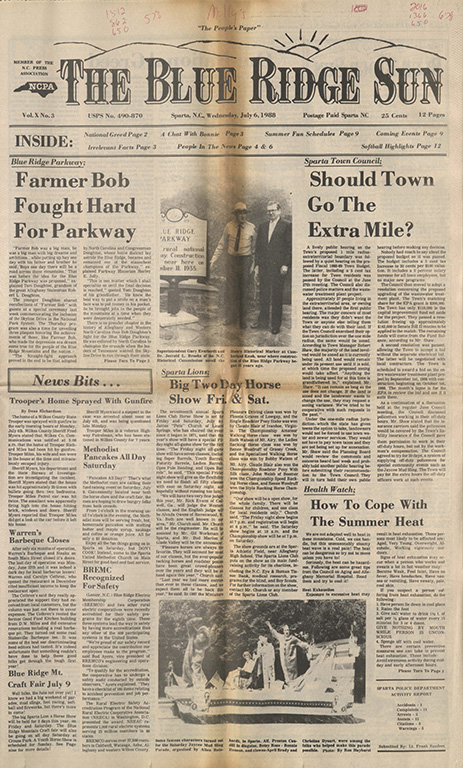 Image of the front page of the Blue Ridge Sun newspaper, July 6, 1988