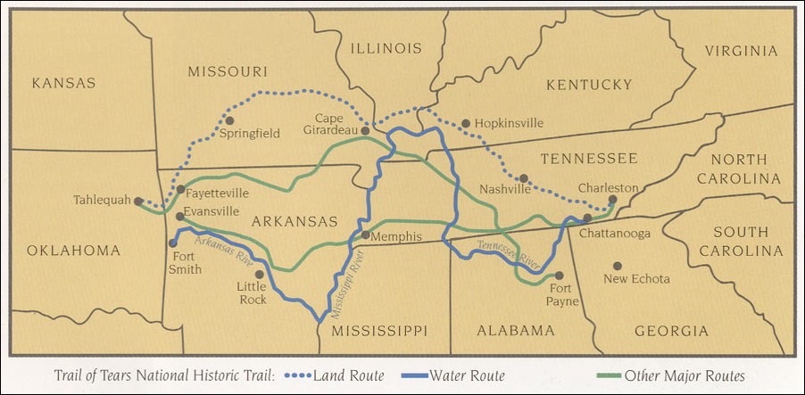 Trail of Tears map showing path from east Tennessee and Alabama to Oklahoma and Arkansas