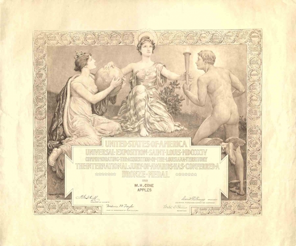 Scanned image of an award certificate presented to M.H. Cone for apples
