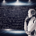 Humanoid robot standing in front of a blackboard full of math equations