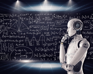 Humanoid robot standing in front of a blackboard full of math equations