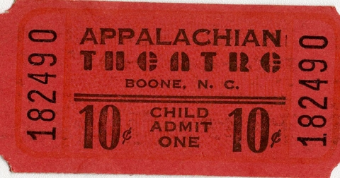 Vintage ticket for Boone's Appalachian Theatre, 10 cents, admit one child